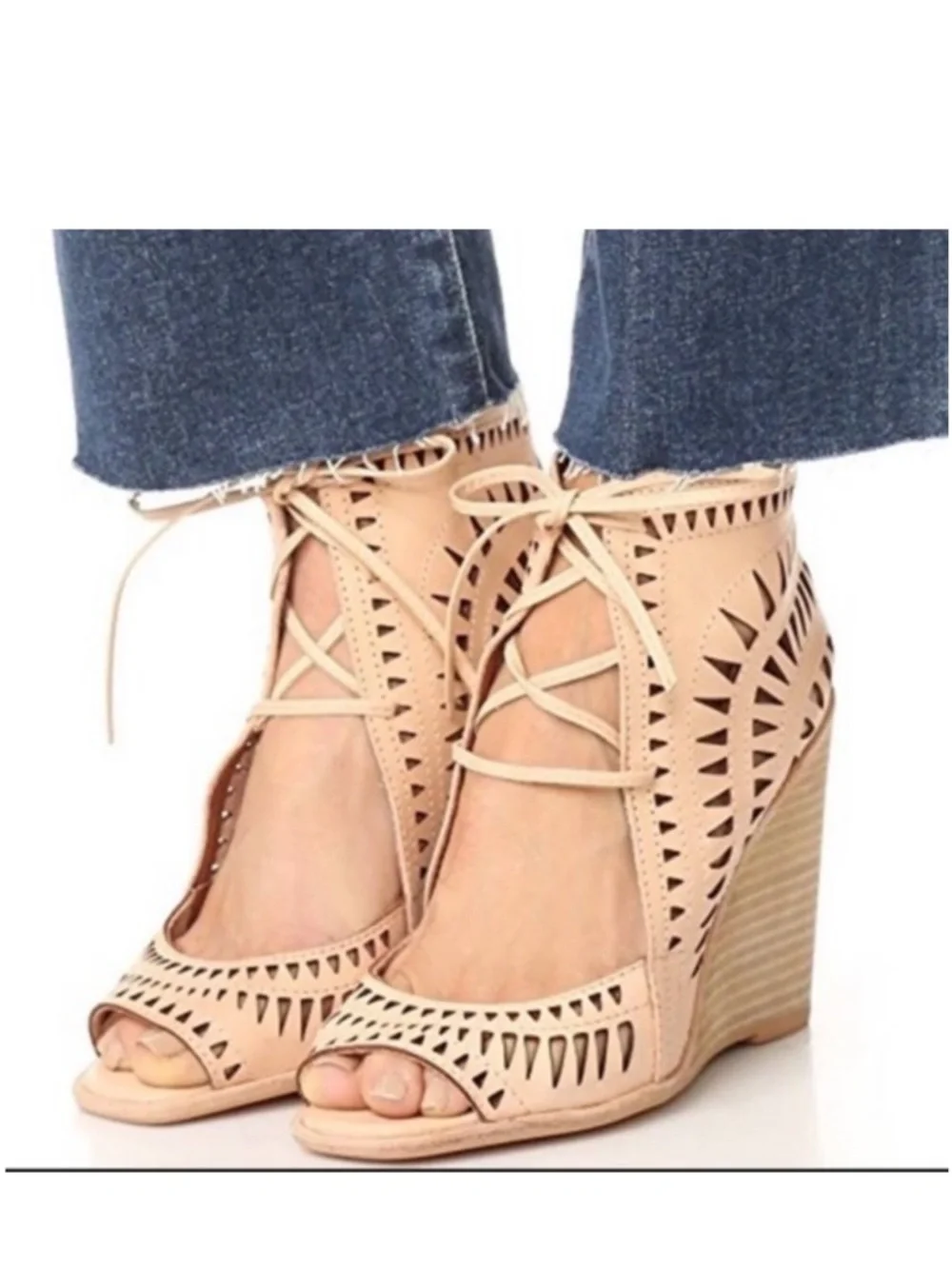 Jeffrey Campbell Rodillo Lace-Up Cutout Wedge Sandals in Nude